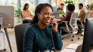 Friendly care coordinator smiling on a phone call